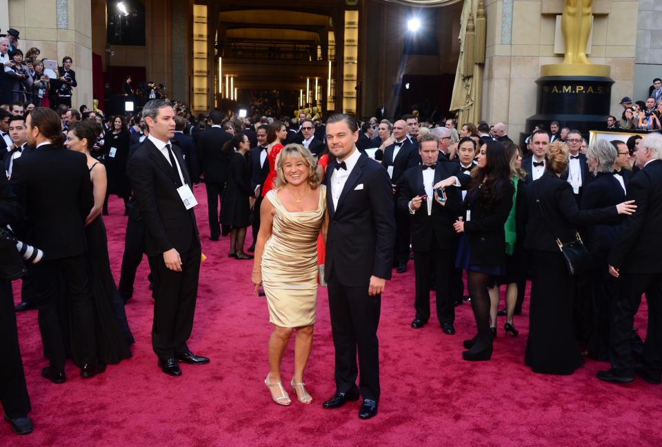 Leonardo DiCaprio on the Oscars red carpet with his mum Irmelin Indenbirken. (Getty Images)