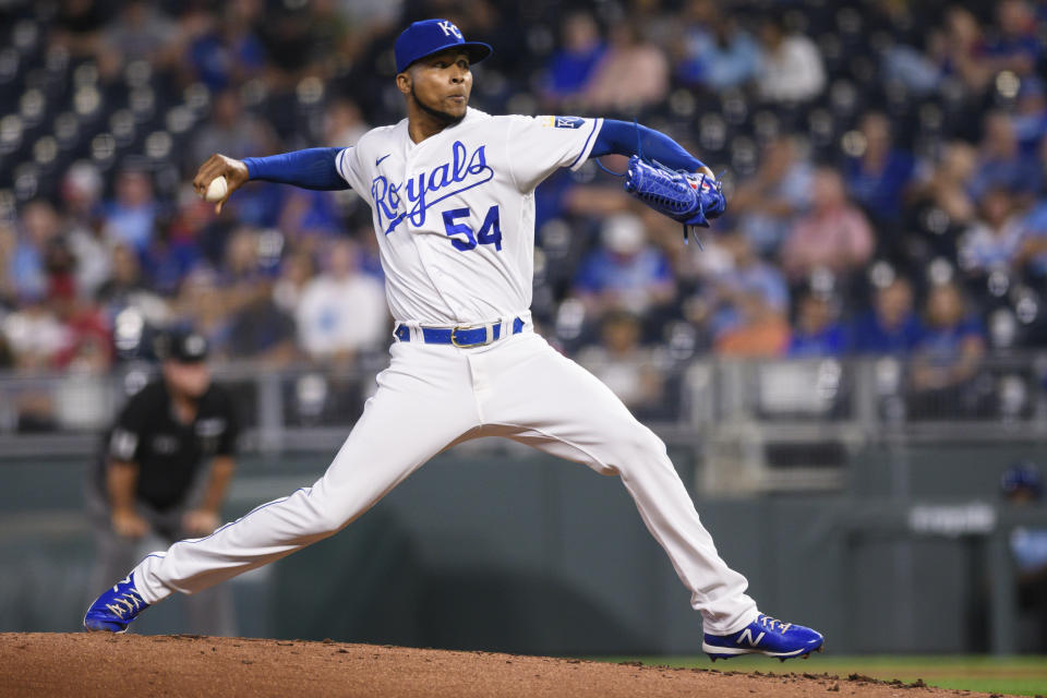 Kansas City Royals relief pitcher Ervin Santana throws to a Oakland Athletics batter during the second inning of a baseball game, Tuesday, Sept. 14, 2021 in Kansas City, Mo. (AP Photo/Reed Hoffmann)