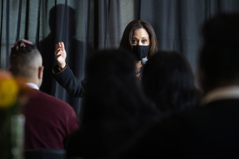 Democratic vice presidential candidate Sen. Kamala Harris, D-Calif., speaks to HBCU students during a campaign event, Friday, Oct. 23, 2020, in Atlanta. (AP Photo/John Amis)