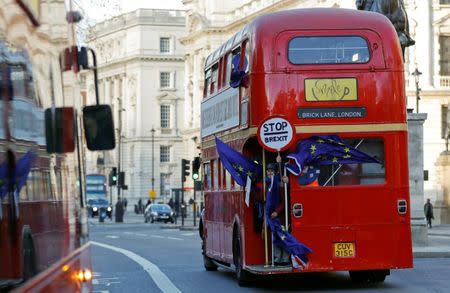 An anti-Brexit protesters' bus drives on Whitehall in London, Britain January 28, 2019. REUTERS/Peter Nicholls