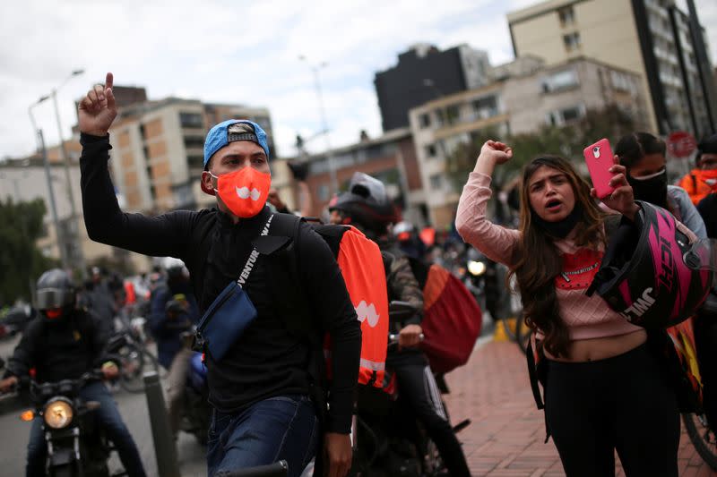 Delivery workers for Rappi and other delivery apps protest as part of a strike to demand better wages and working conditions, amid the coronavirus disease (COVID-19) outbreak, in Bogota