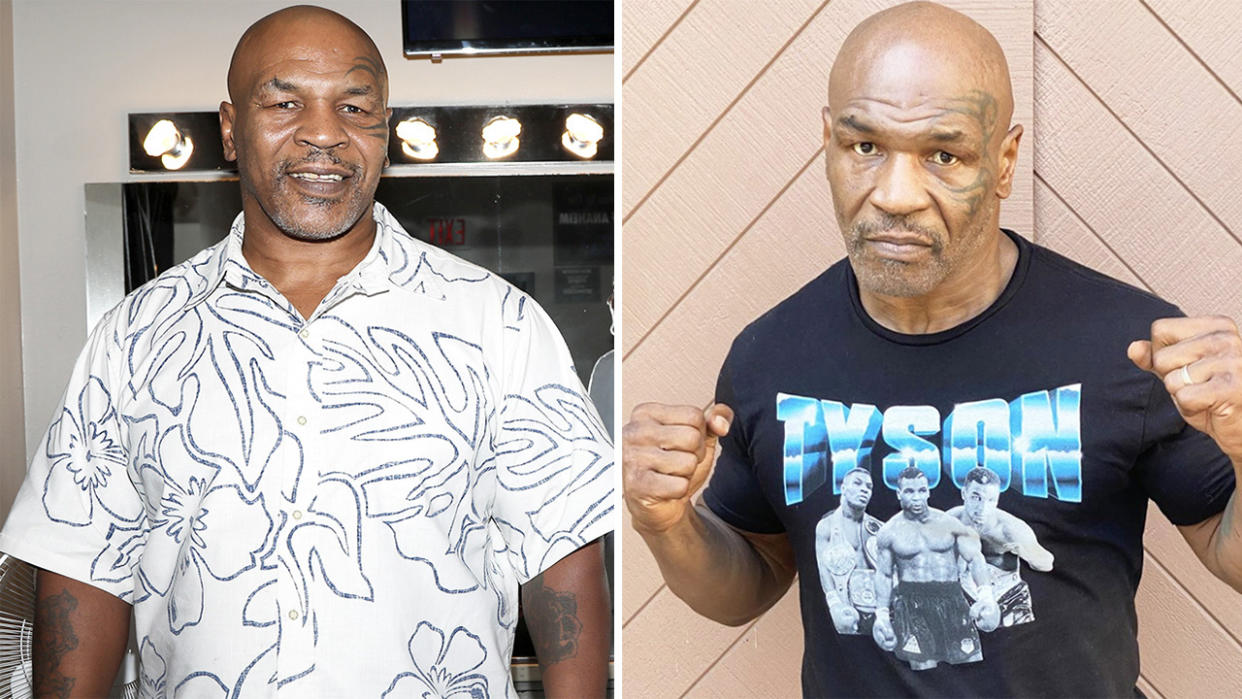 Mike Tyson (pictured left) posting for a photo and (pictured right) with his fists up.