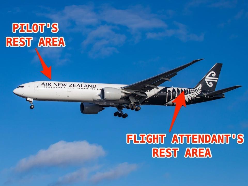 Arrows point to the approximate location of the rest areas on the Boeing 777-300ER.