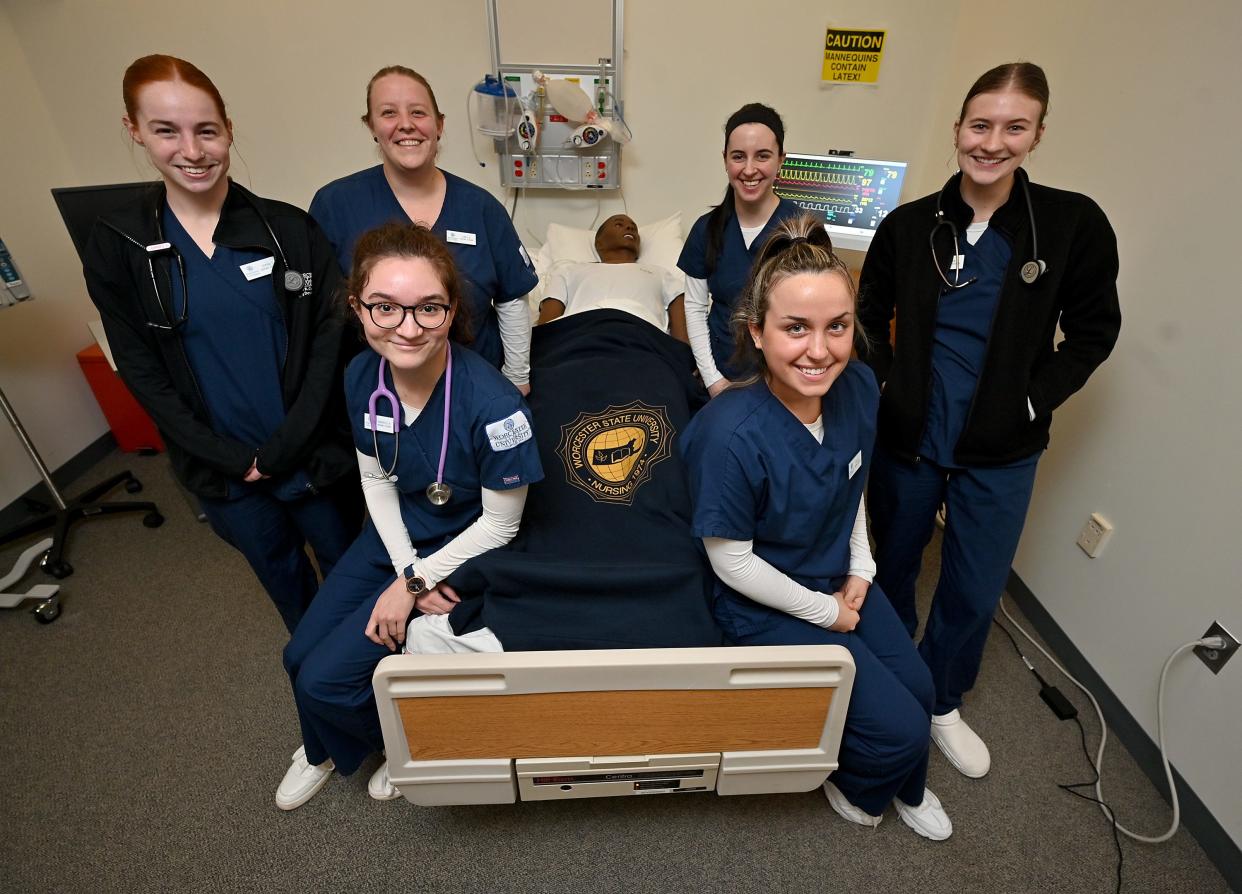 Nursing students at Worcester State University. Front, Gabrielle Hazelrigg of Fitchburg, left, and Sophia Faro of North Andover. Back, from left, Sophia Cavallo of Northborough, Emily Amiro of Blackstone, Allison Burke of Franklin and Kaileen LaRose of Grafton.