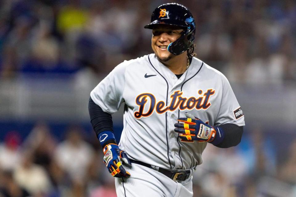 Detroit Tigers batter Miguel Cabrera (24) reacts to being hit by a pitch in the ankle as he runs to first base during an MLB game against the Miami Marlins at loanDepot park in the Little Havana neighborhood of Miami, Florida, on Friday, July 28, 2023.