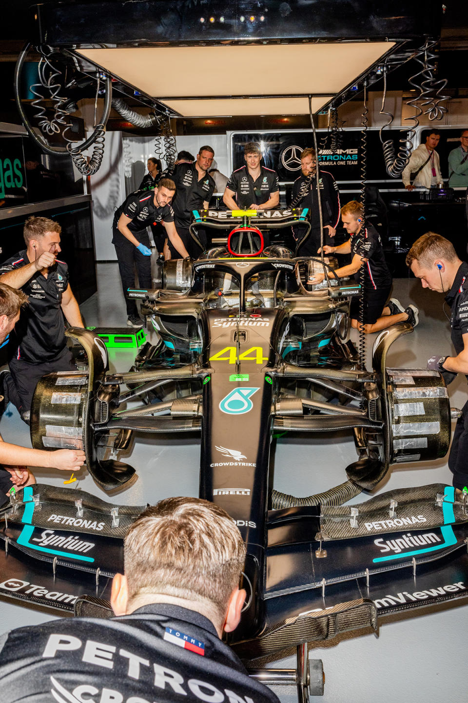 A view of Lewis Hamilton’s race car in the Mercedes pit lane and garage before practice day at the Formula 1 Grand Prix on November 16, 2023 in Las Vegas, Nevada.