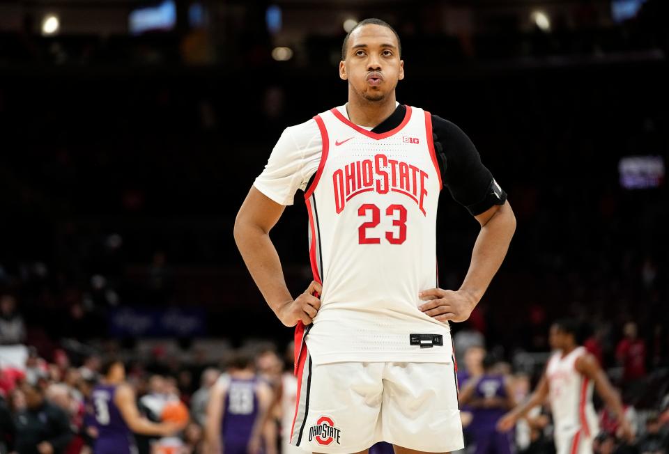 Feb 9, 2023; Columbus, OH, USA;  Ohio State Buckeyes forward Zed Key (23) reacts to losing 69-63 to Northwestern Wildcats in the NCAA men’s basketball game at Value City Arena. Mandatory Credit: Adam Cairns-The Columbus Dispatch