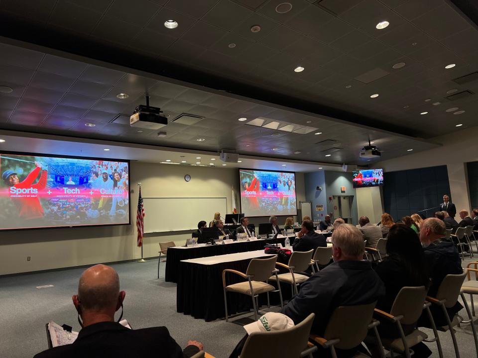 Mike McCarley, founder of TMRW Sports, presents a plan for a metal golf arena on the Palm Beach State College campus to college trustees on Friday, March 22, 2024, in Palm Beach Gardens, Fla.