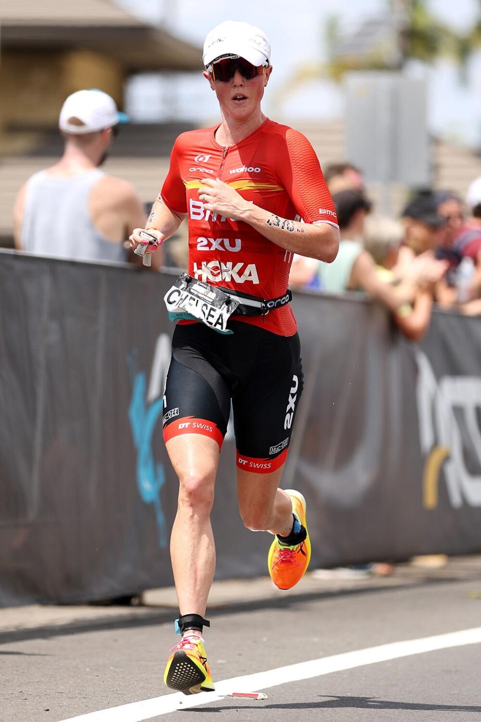 Chelsea Sodaro competes during the run portion of the Ironman World Championships on October 06, 2022 in Kailua Kona, Hawaii.