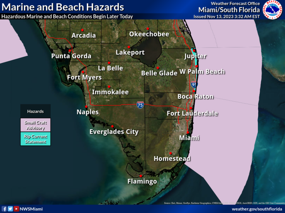 La agencia emitió un aviso el lunes 13 de noviembre de 2023 para embarcaciones pequeñas, y se cree que para el martes por la noche llegue a abarcar a la Bahía de Biscayne y al Golfo de México.