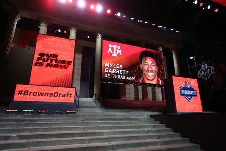 Apr 27, 2017; Philadelphia, PA, USA; Myles Garrett (Texas A&M), not pictured) is announced as the number 1 overall pick to the Cleveland Browns in the first round the 2017 NFL Draft at Philadelphia Museum of Art. Bill Streicher-USA TODAY Sports