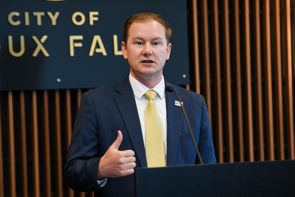 Mayor Paul TenHaken announces Joe Kippley as the new Public Health Director during the media briefing meeting on Wednesday, May 15, 2024, at City Hall in Sioux Falls.
