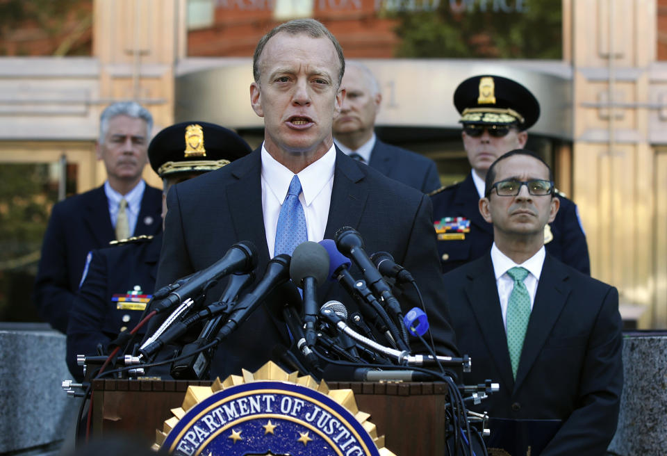 <p>Federal Bureau of Investigation Washington Field Office, Special Agent in Charge Timothy Slater, with FBI Washington Field Office Assistant Director in Charge Andrew Vale, right, speaks to reporters outside the FBI Washington Field Office, Wednesday, June 21, 2017 in Washington, during a news conference about the investigative findings to date in the shooting that occurred at Eugene Simpson Stadium Park in Alexandria, Va. on Wednesday, June 14, 2017. (Photo: Manuel Balce Ceneta/AP) </p>