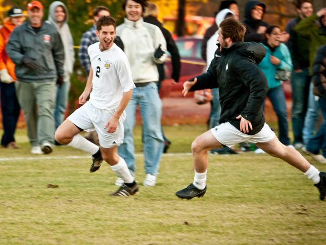 Evan Gershkovich is seen celebrating after scoring the winning penalty kick in a championship game against Amherst in fall of 2010.