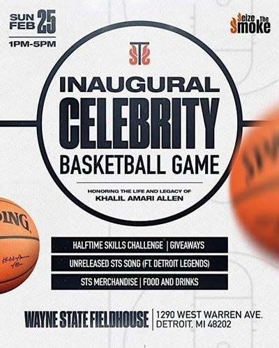 The flyer for Seize the Smoke's inaugural celebrity basketball game scheduled for the Wayne State Fieldhouse on Sunday, February 25. The event was canceled after threats were made.