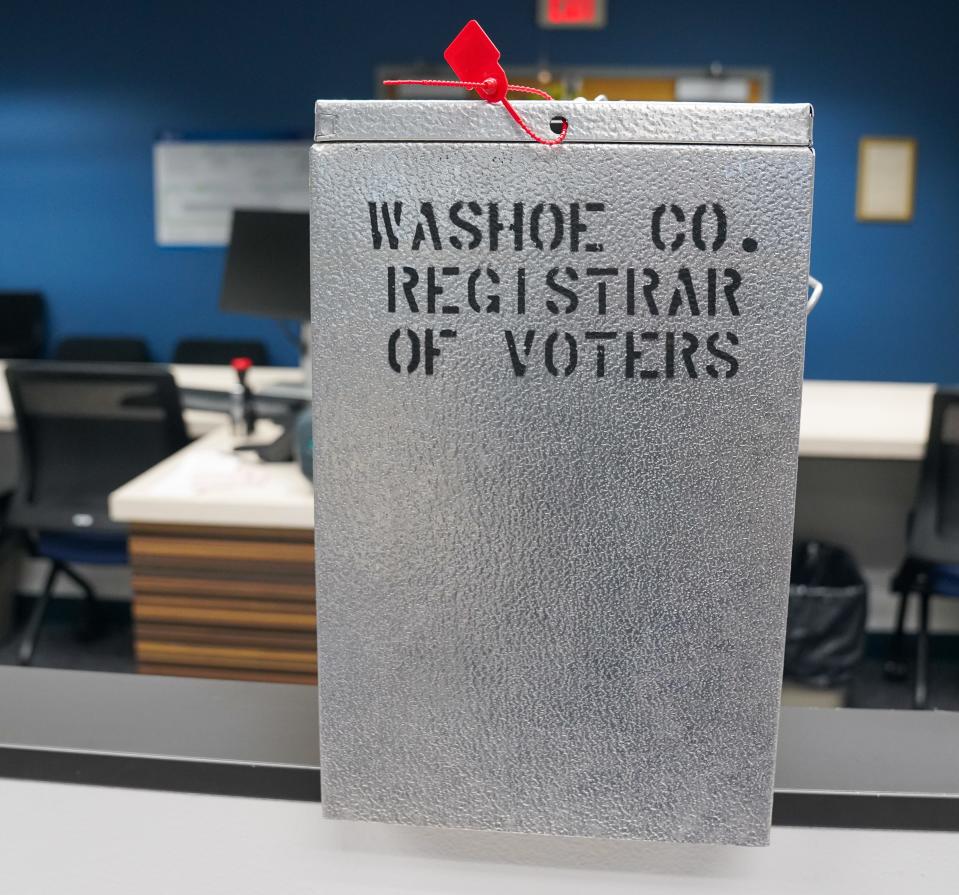 A sealed ballot box at the Washoe County (Nevada) Registrar of Voters office.