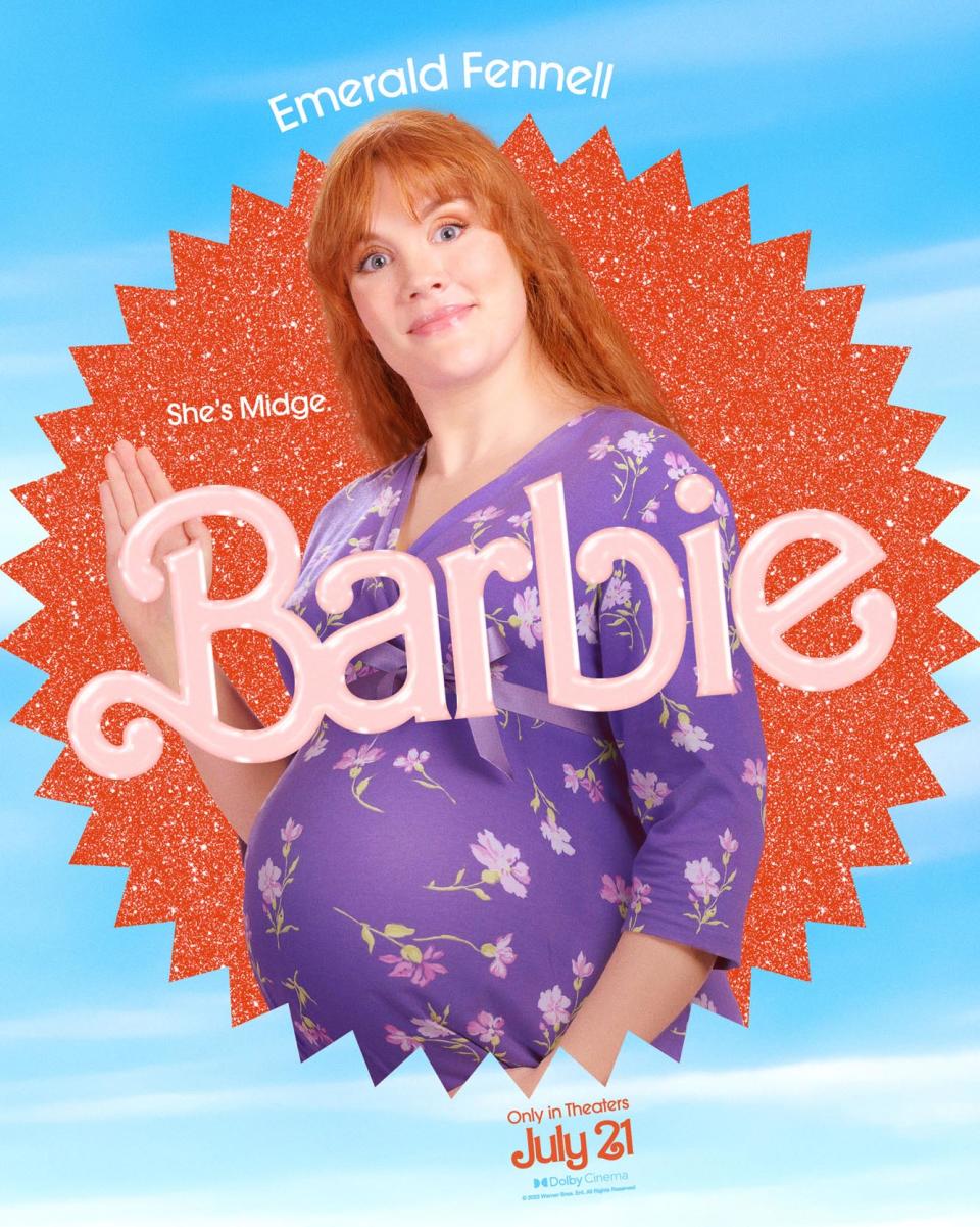 <p>Emerald Fennell channels the pregnant Midge doll in her official character poster. </p>