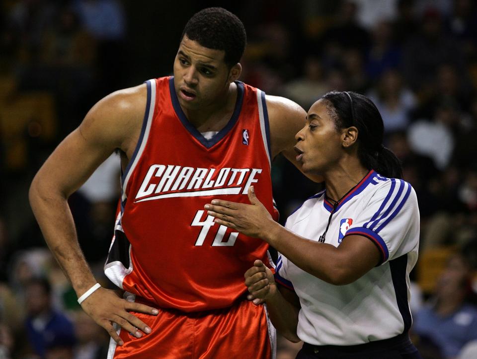 BOSTON - NOVEMBER 08:  Sean May #42 of the Charlotte Bobcats talks with referee Violet Palmer #12 in the second half against the Boston Celtics on November 8, 2006 at the TD Banknorth Garden in Boston, Massachusetts. The Celtics defeated the Bobcats 110-108 in overtime. NOTE TO USER: User expressly acknowledges and agrees that, by downloading and or using this photograph, User is consenting to the terms and conditions of the Getty Images License Agreement.  (Photo by Elsa/Getty Images)