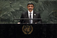 Sheikh Abdullah bin Zayed Al Nahyan, Foreign Minister of the United Arab Emirates, addresses the 74th session of U.N. General Assembly, Saturday, Sept. 28, 2019. (AP Photo/Richard Drew)