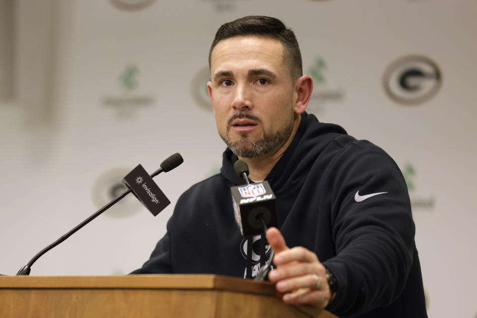 Green Bay Packers head coach Matt LaFleur speaks during a news conference after an NFL football game against the Tampa Bay Buccaneers, Sunday, Dec. 17, 2023, in Green Bay, Wis. The Buccaneers won 34-20. (AP Photo/Mike Roemer)