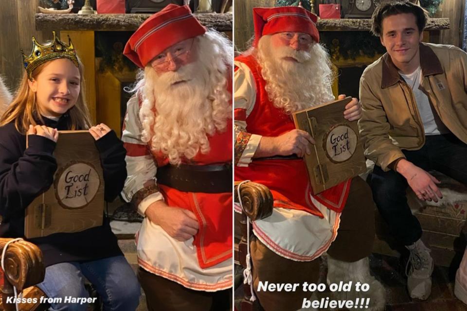 Victoria and David Beckham's kids made the "good" list, naturally. Daughter Harper, 8, and son Brooklyn, 20, posed with Santa a few days after <a href="https://people.com/parents/victoria-beckham-daughter-son-baptized-eva-longoria-marc-anthony-godparents/" rel="nofollow noopener" target="_blank" data-ylk="slk:Harper's baptism;elm:context_link;itc:0;sec:content-canvas" class="link ">Harper's baptism</a> on Dec. 21. "Never too old to believe!!!" the mom-of-four wrote about her oldest son. 