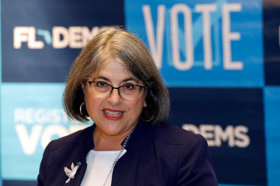 Miami-Dade Mayor Daniella Levine Cava speaks to reporters during the Florida Democratic Party’s annual Leadership Blue Weekend at the Fontainebleau Hotel in Miami Beach, Florida, on Saturday, July 8, 2023.