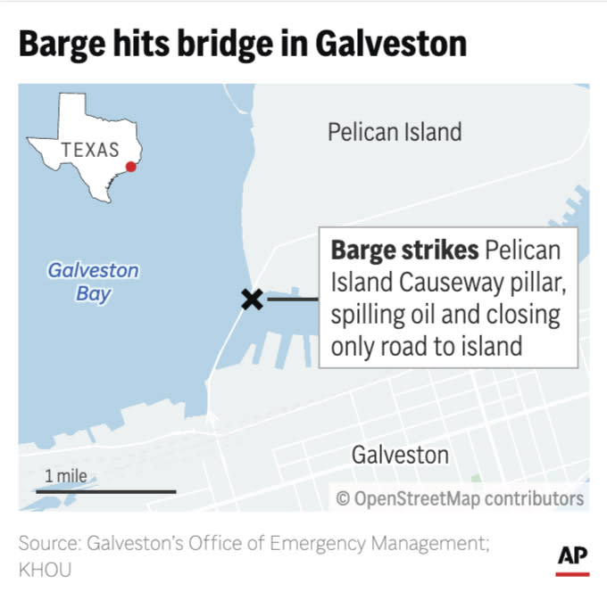 A barge collided with a bridge Wednesday in Galveston, Texas, causing an oil spill and damaging the only land connection between Galveston and Pelican Island. (AP Digital Embed)