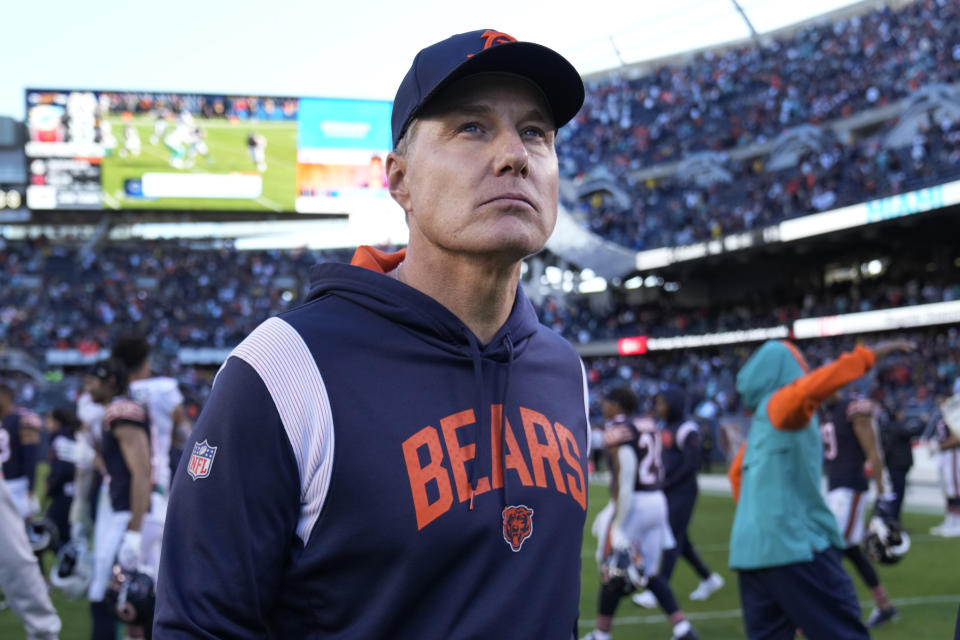 Chicago Bears head coach Matt Eberflus walks off the field after the Miami Dolphins beat the Bears 35-32 in an NFL football game, Sunday, Nov. 6, 2022 in Chicago. (AP Photo/Nam Y. Huh)
