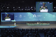 World Trade Organization Director-General Ngozi Okonjo-Iweala speaks at a WTO summit in Abu Dhabi, United Arab Emirates, Monday, Feb. 26, 2024. The World Trade Organization opened its biennial meeting Monday in the United Arab Emirates as the bloc faces pressure from the United States and other nations ahead of a year of consequential elections around the globe. (AP Photo/Jon Gambrell)