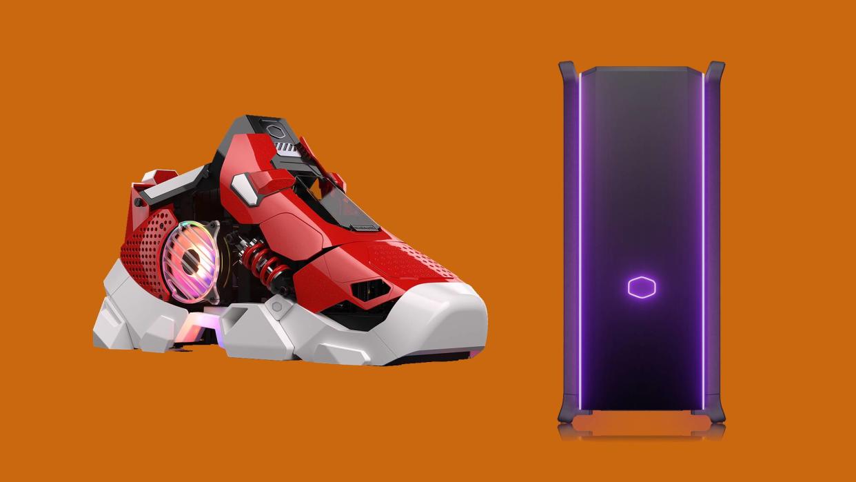  a sneaker shaped PC and a long purple and black PC 