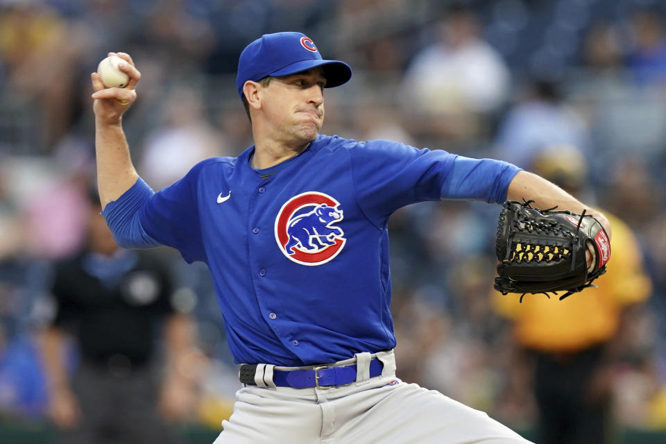 Chicago Cubs starting pitcher Kyle Hendricks delivers against the Pittsburgh Pirates in the first inning of a baseball game in Pittsburgh, Friday, Aug. 25, 2023. (AP Photo/Matt Freed)