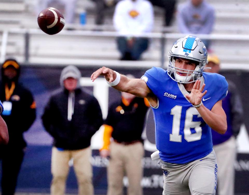 MTSU quarterback Chase Cunningham (16) passes the ball during the game against Southern Miss on Saturday, Oct. 30, 2021, at MTSU.