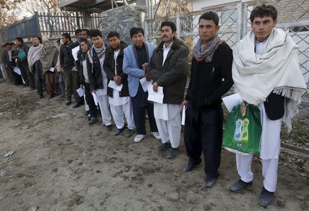 Afghan men queue up to apply for passports at a passport department office in Kabul, Afghanistan, November 29, 2015. REUTERS/Omar Sobhani