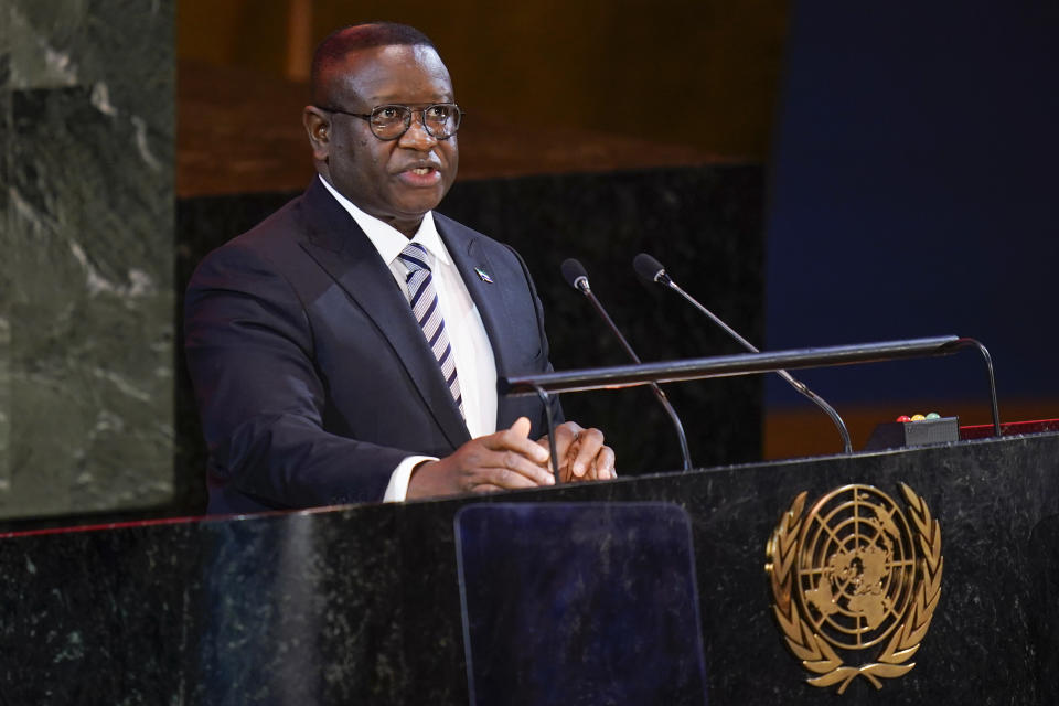 FILE - Julius Maada Bio, President of Sierra Leone, speaks at the start of the Transforming Education Summit at United Nations headquarters, Monday, Sept. 19, 2022. Sierra Leone’s President has declared a nationwide curfew after gunmen attacked the West African country's main military barracks in the capital, raising fears of a breakdown of order amid a surge of coups in the region. Bio said Sunday, Nov. 26, 2023 in a statement on X, formerly known as Twitter, that the unidentified gunmen attacked an armory in the capital, Freetown, early morning. (AP Photo/Seth Wenig, File)