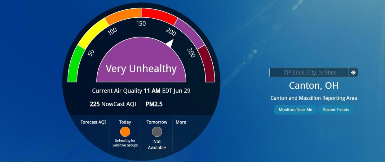 A screenshot from AirNow shows Canton's air quality as very unhealthy as of 11 a.m. on Thursday, June 29, 2023.