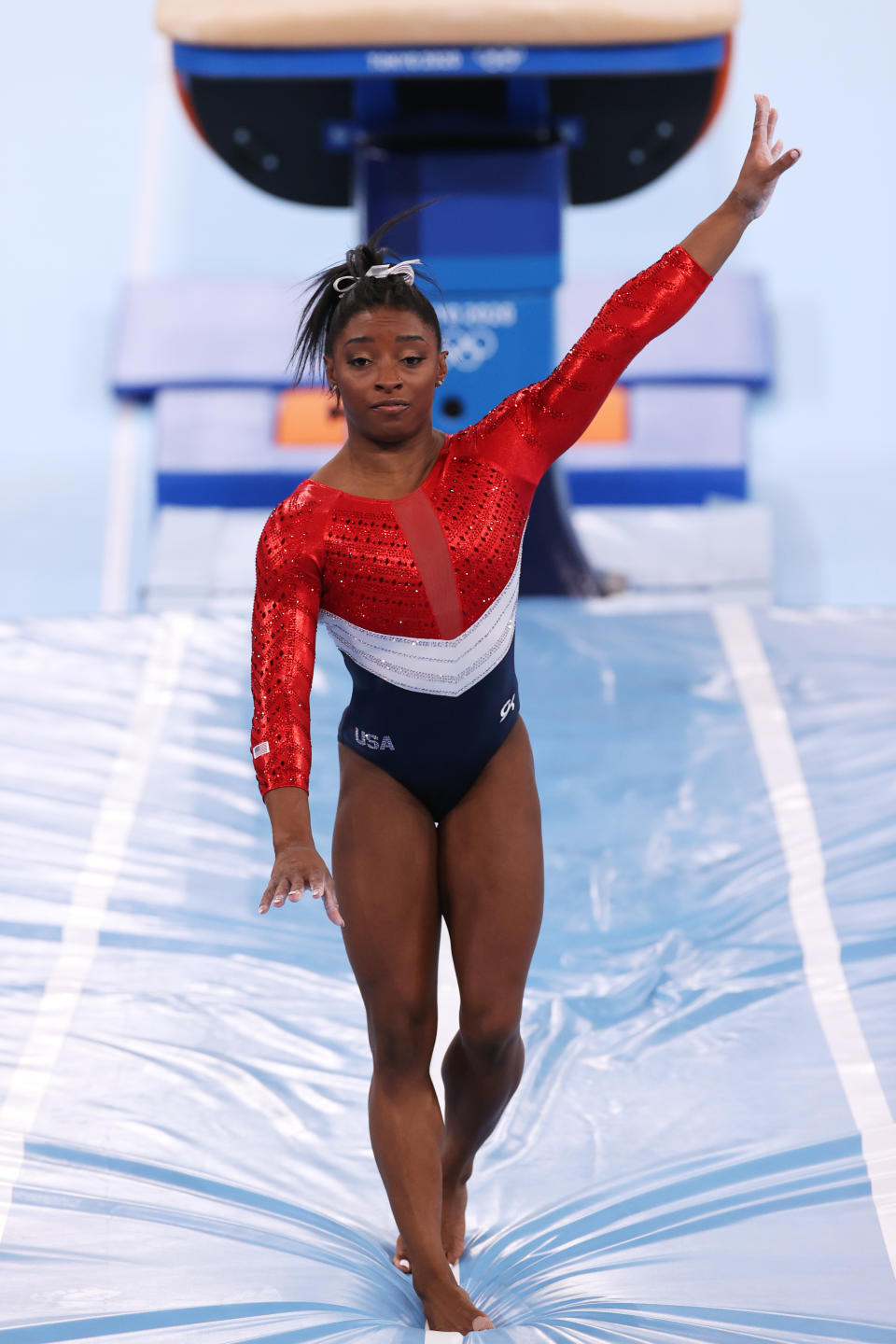 <p>TOKYO, JAPAN - JULY 27: Simone Biles of Team United States reacts after stumbling on her landing while competing on vault during the Women's Team Final on day four of the Tokyo 2020 Olympic Games at Ariake Gymnastics Centre on July 27, 2021 in Tokyo, Japan. (Photo by Jamie Squire/Getty Images)</p> 