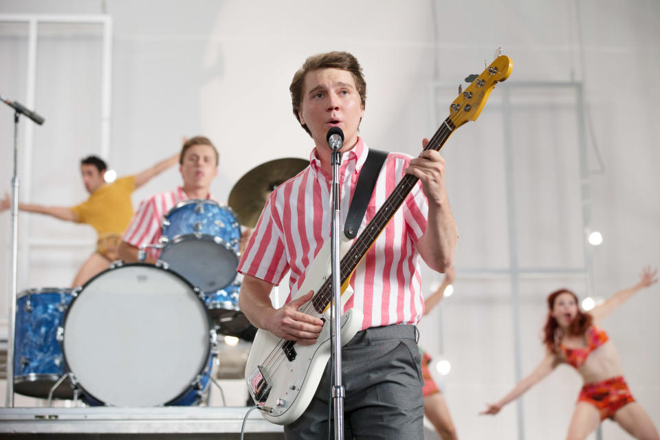 Paul Dano, as Brian Wilson playing bass and  Kenny Wormald as Dennis Wilson playing drums