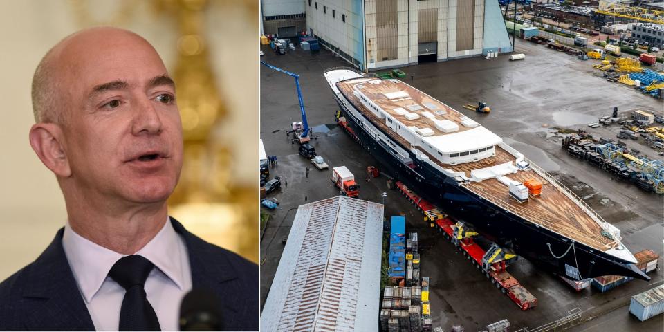 Side by side image of Jeff Bezos looking into distance and his yacht from above in shipyard