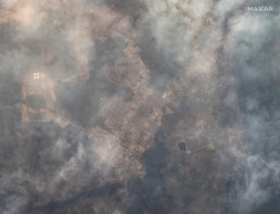 This image provided by Maxar Technologies, shows wildfires in Yellowknife, Northwest Territories Canada on Aug. 15, 2023. (Satellite image ©2023 Maxar Technologies via AP)
