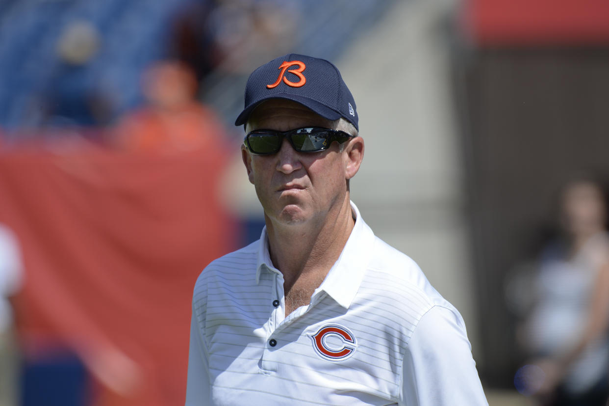 Chicago Bears head coach John Fox watches players warm up before an NFL football preseason game against the Tennessee Titans Sunday, Aug. 27, 2017, in Nashville, Tenn. (AP Photo/Mark Zaleski)