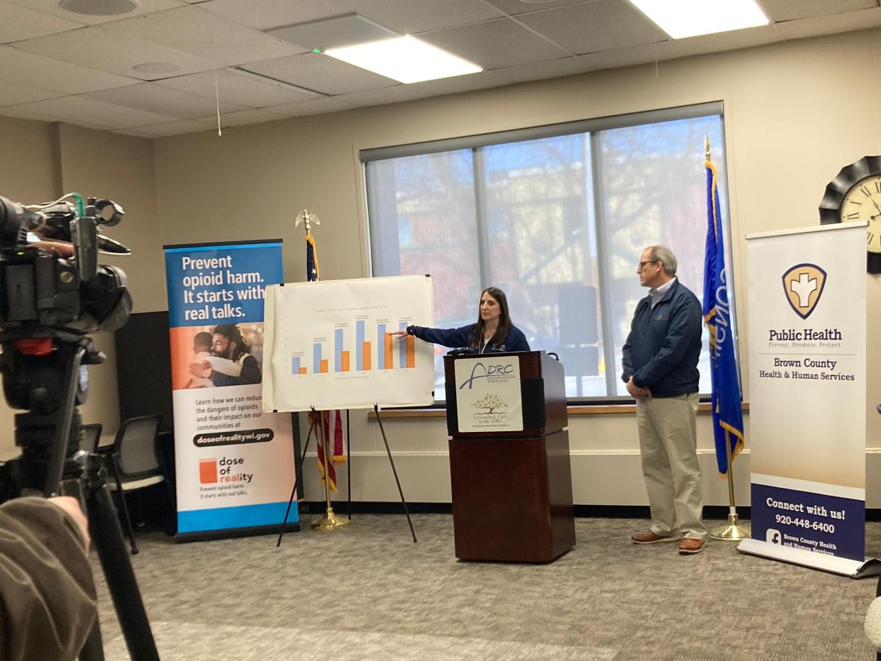 Brown County Public Health Officer Anna Nick notes trends over a six-year period in Brown County overdose deaths during an opioid awareness event on Wednesday at the Aging and Disability Resource Center in Green Bay. Brown County Executive Troy Streckenbach, right, says even one overdose is too many.