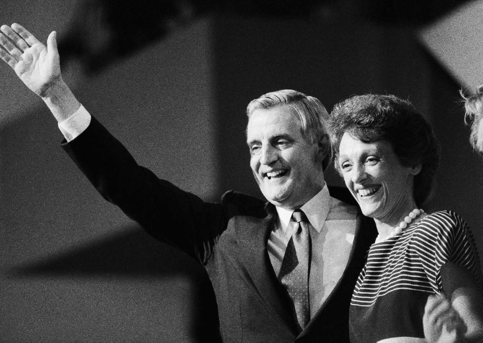 FILE - In this July 19, 1984 file photo, then Democratic presidential nominee Walter Mondale and his wife Joan smile broadly as they thank the delegates from the podium following Mondale's nomination in San Francisco. Joan Mondale, who burnished a reputation as "Joan of Art" for her passionate advocacy for the arts while her husband was vice president and a U.S. ambassador, died Monday, Feb. 3, 2014. She was 83. (AP Photo, File)