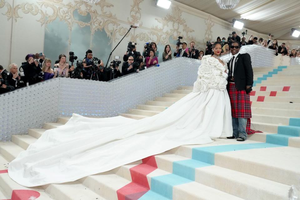 new york, new york may 01 l r rihanna and a$ap rocky attend the 2023 met gala celebrating karl lagerfeld a line of beauty at metropolitan museum of art on may 01, 2023 in new york city photo by jeff kravitzfilmmagic