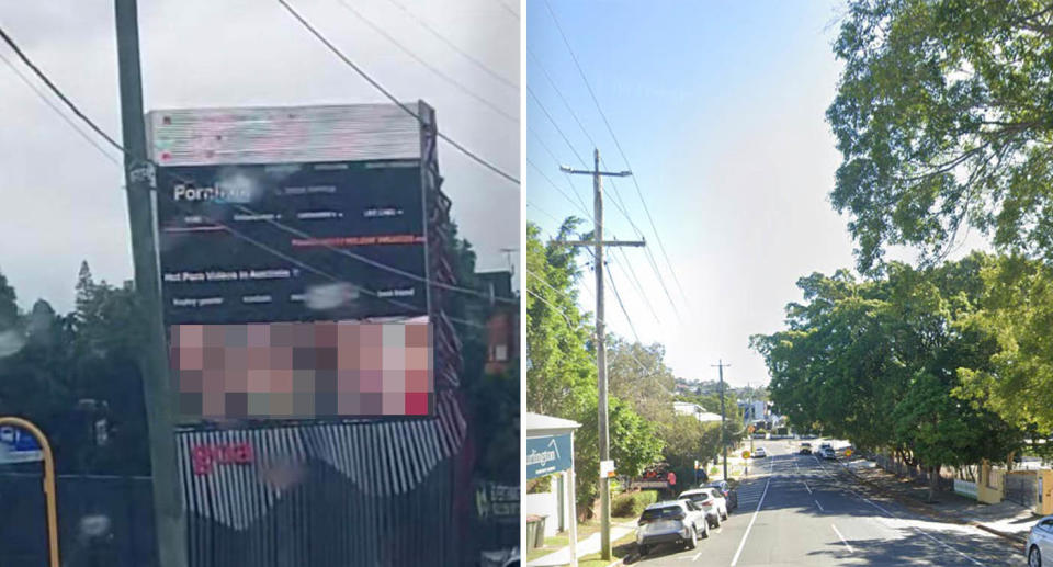 A photo of the Brisbane billboard that displayed pornography and another photo of Milton street, where the billboard was.