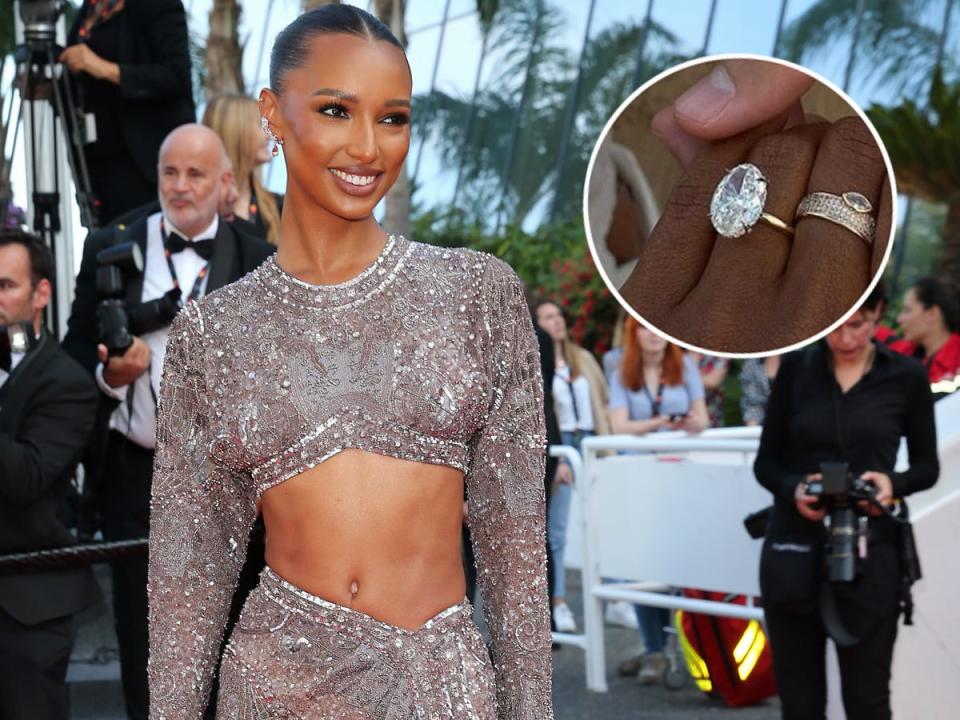 Jasmine Tookes and a close-up shot of her engagement ring.