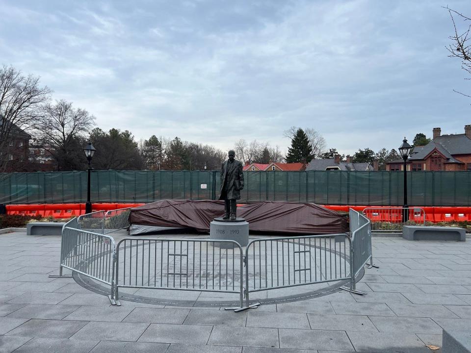 A statue of native Marylander Thurgood Marshall, the first African American U.S. Supreme Court justice, stands on the under-construction Lawyers' Mall in Annapolis near the State House on Jan. 3, 2022. Marshall argued for desegregation of public schools in the Maryland Court of Appeals Building that once stood on the spot.