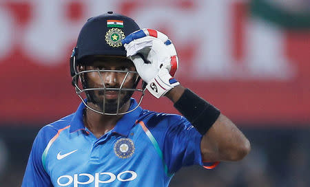 Cricket - India v Australia - Third One Day International Match - Indore, India – September 24, 2017 – India's Hardik Pandya celebrates his half century. REUTERS/Adnan Abidi