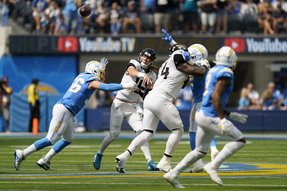 Jaguars quarterback Trevor Lawrence gets a pass off before the Chargers Morgan Fox arrives during Sunday's 28-10 victory at SoFi Stadium.