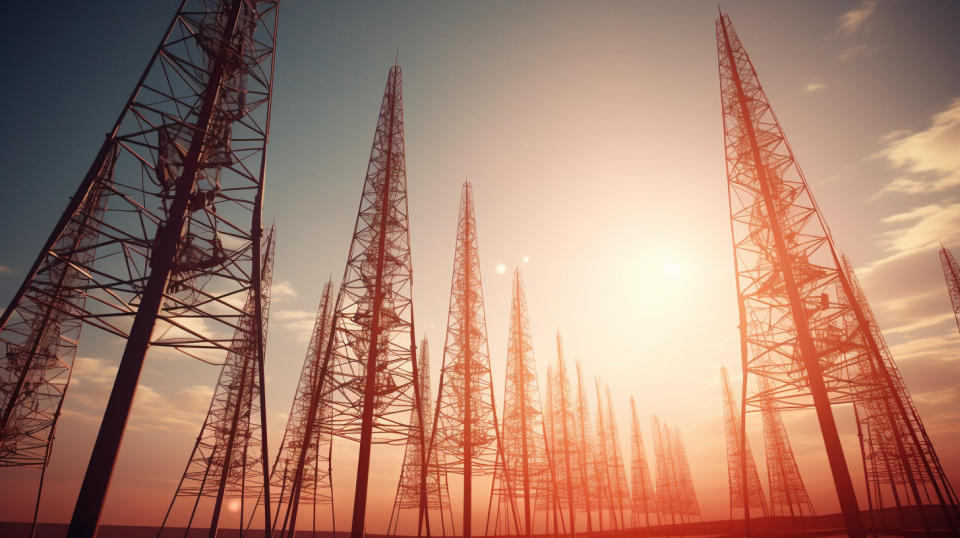 A row of powerful broadcast antennae towers standing tall.