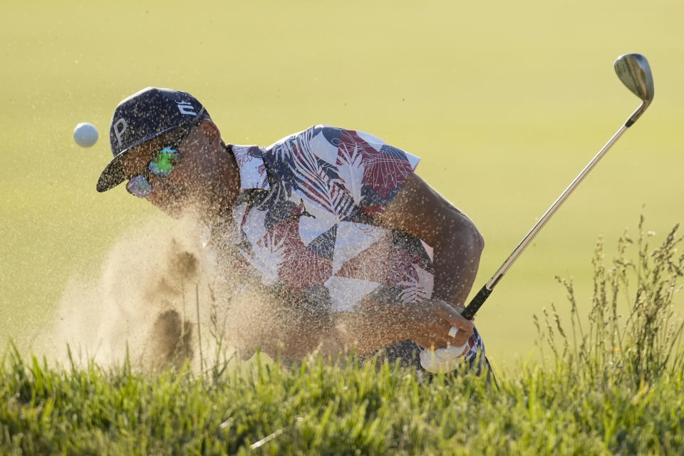 Rickie Fowler hits from the bunker on the 16th hole during the second round of the U.S. Open golf tournament at Los Angeles Country Club on Friday, June 16, 2023, in Los Angeles. (AP Photo/Marcio J. Sanchez)